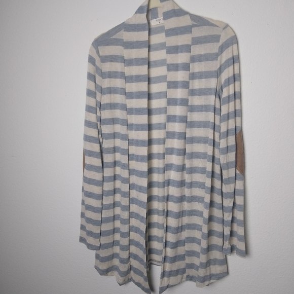 ALWAYS ME' Linen Blend Blue Striped Drape Front Elbow Patch Medium Cardigan - Picture 4 of 8